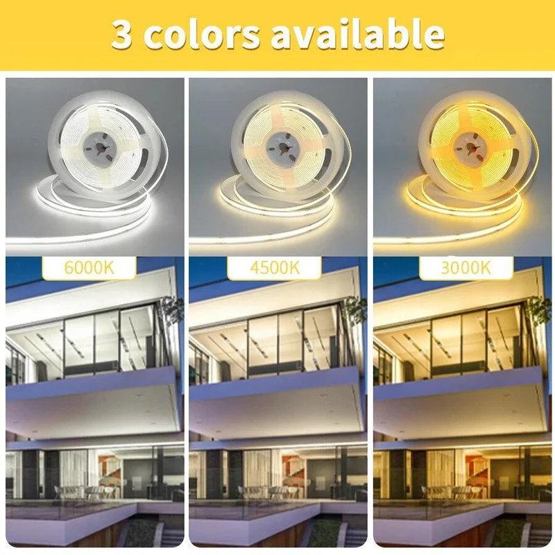 High Brightness COB LED Strip Light - 12V/24V, RA90, Dimmable 3000–6000K