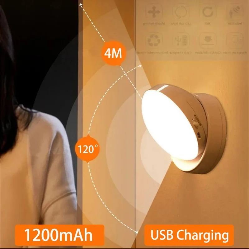 360° Adjustable Base LED Night Light - USB Rechargeable, Motion Sensor