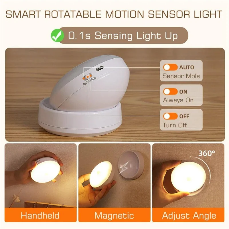 360° Adjustable Base LED Night Light - USB Rechargeable, Motion Sensor