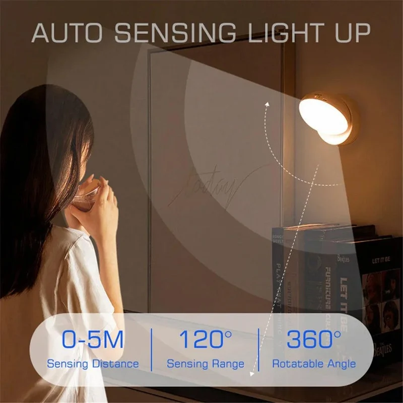 360° Adjustable Base LED Night Light - USB Rechargeable, Motion Sensor