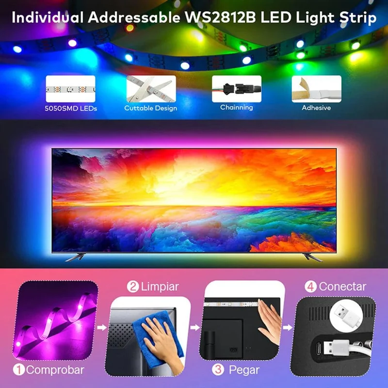 WS2812B RGBIC LED Strip Light - 5V USB Powered, Smart App Control, Chasing Effect, TV Backlight