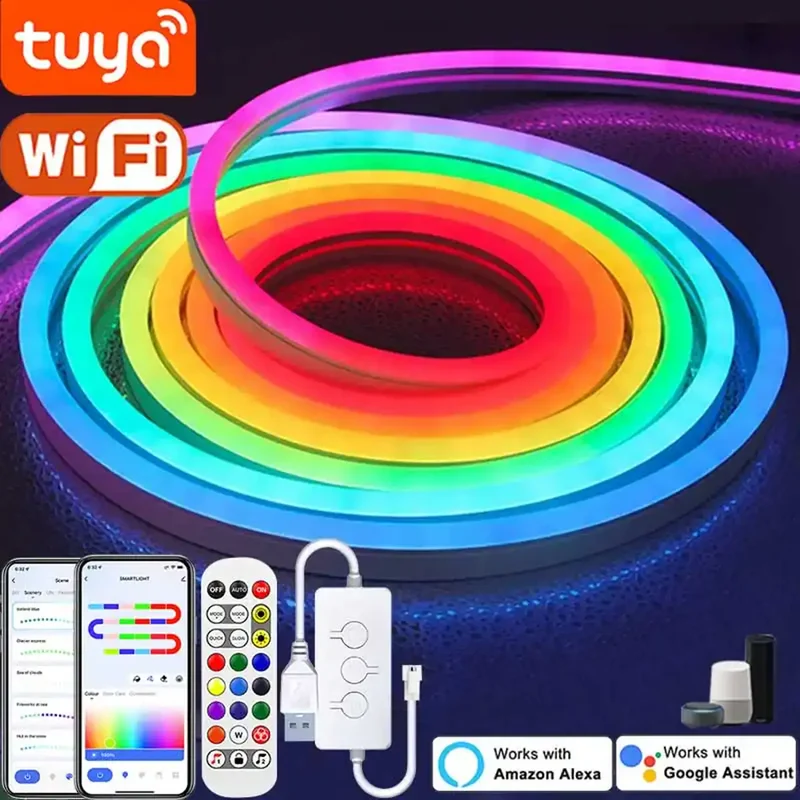 RGBIC Silicone Neon LED Strip Light - Tuya Smart App, IP65 Waterproof, USB 5V, Voice Control