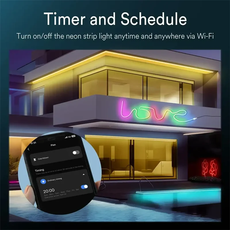 RGBIC Silicone Neon LED Strip Light - Tuya Smart App, IP65 Waterproof, USB 5V, Voice Control