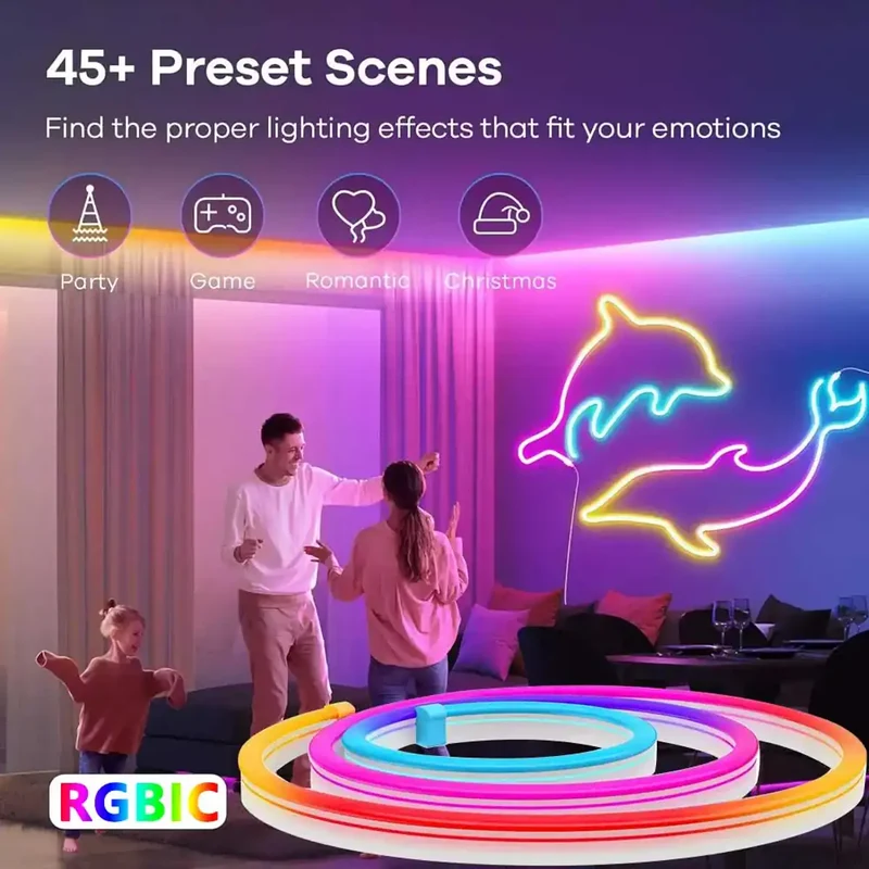 RGBIC Silicone Neon LED Strip Light - Tuya Smart App, IP65 Waterproof, USB 5V, Voice Control