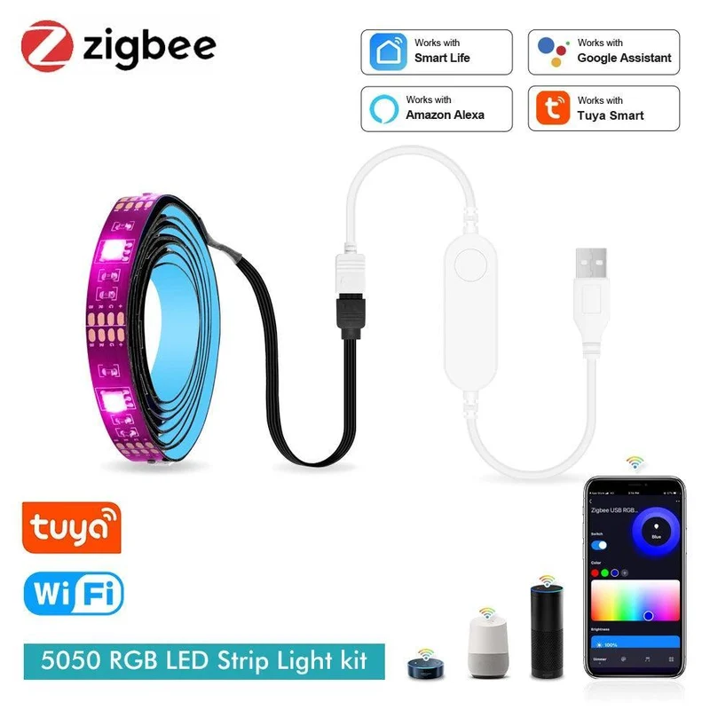 Tuya Zigbee & WiFi RGB LED Strip Light - SMD 5050, 5V USB Powered, Smart App Control
