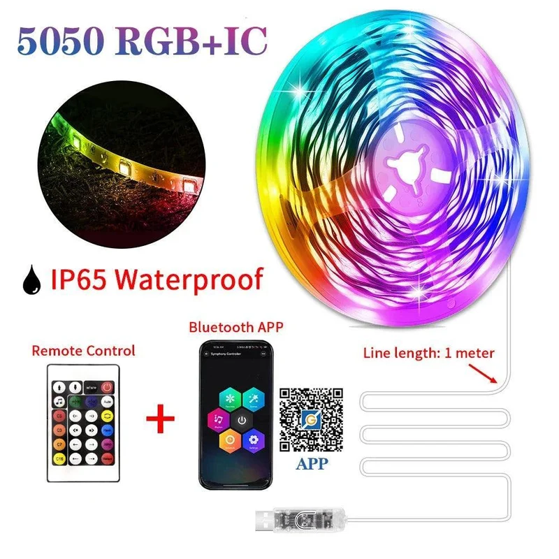 SMD 5050 RGBIC USB LED Strip Light - Smart App Control, Music Sync, IP65
